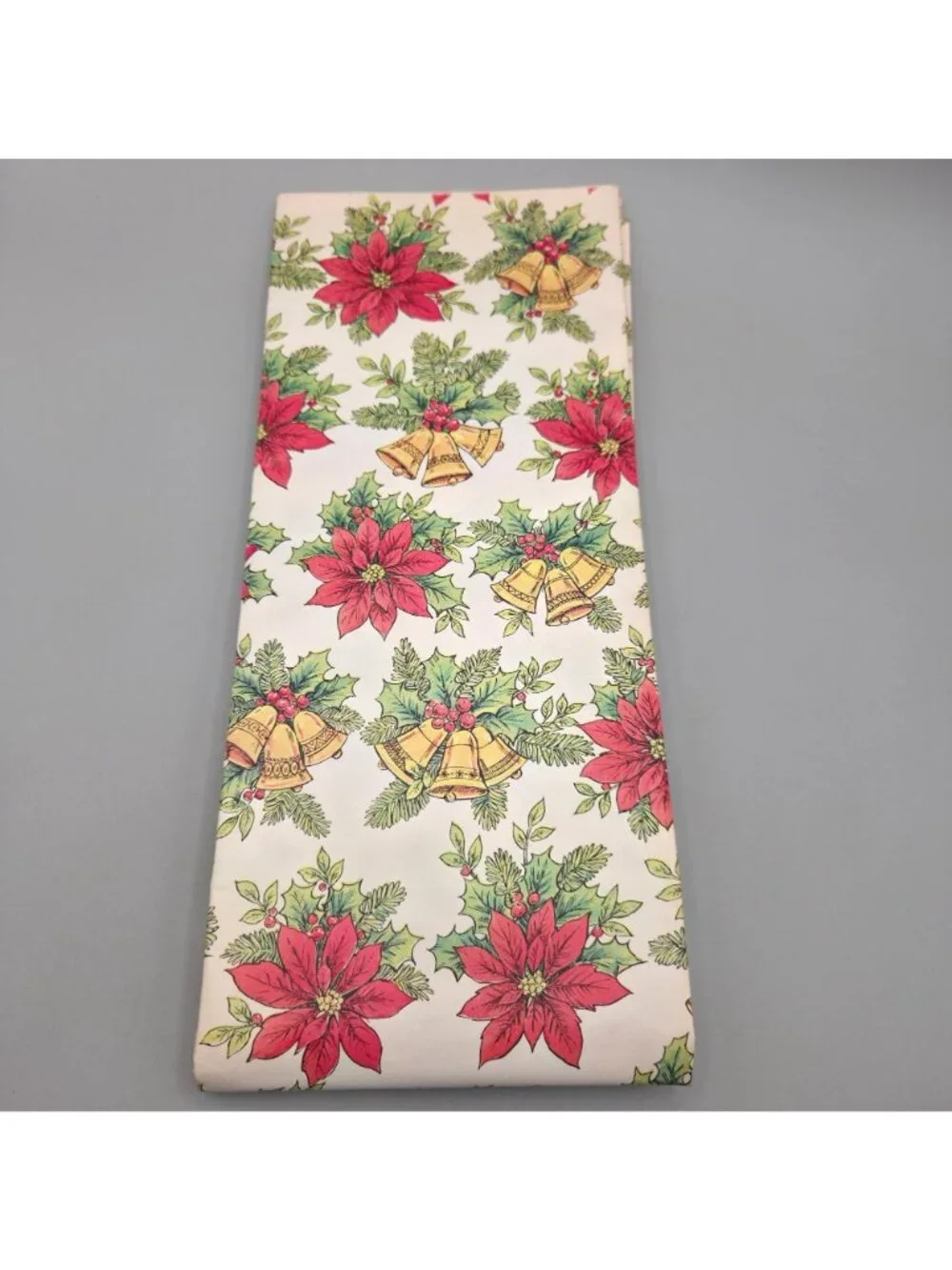 Vintage Christmas Wrapping Paper Poinsettias Gold Bells Holiday Gift Wrap 10 ft